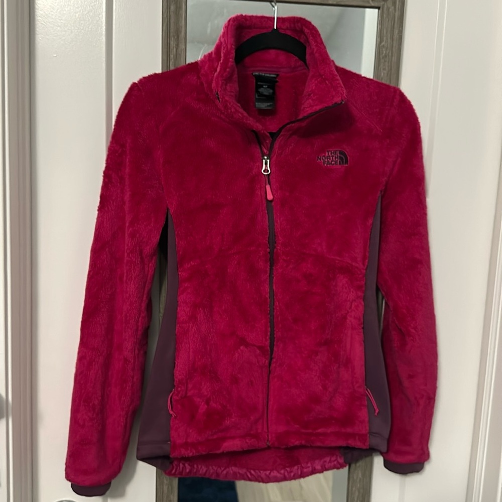 The North Face fuchsia pink with purple trim fuzzy zip up jacket size small!
